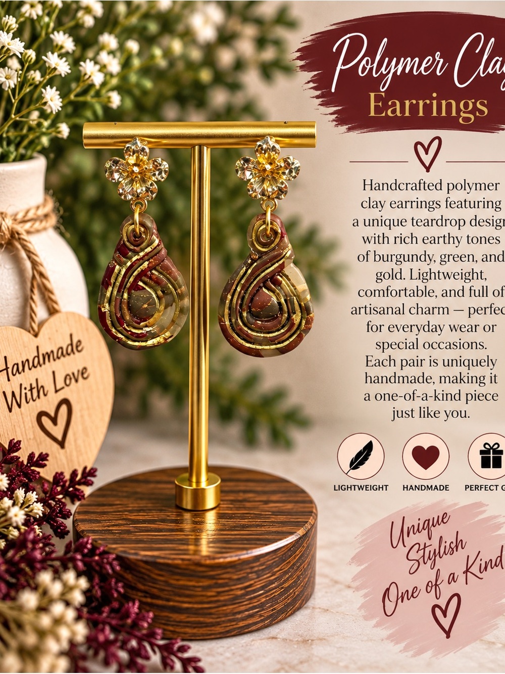 Handmade Polymer Clay Teardrop Earrings in Burgundy & Gold